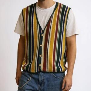 Vintage 90s Structure Striped Ramie Cotton Button Front Knit Vest XL